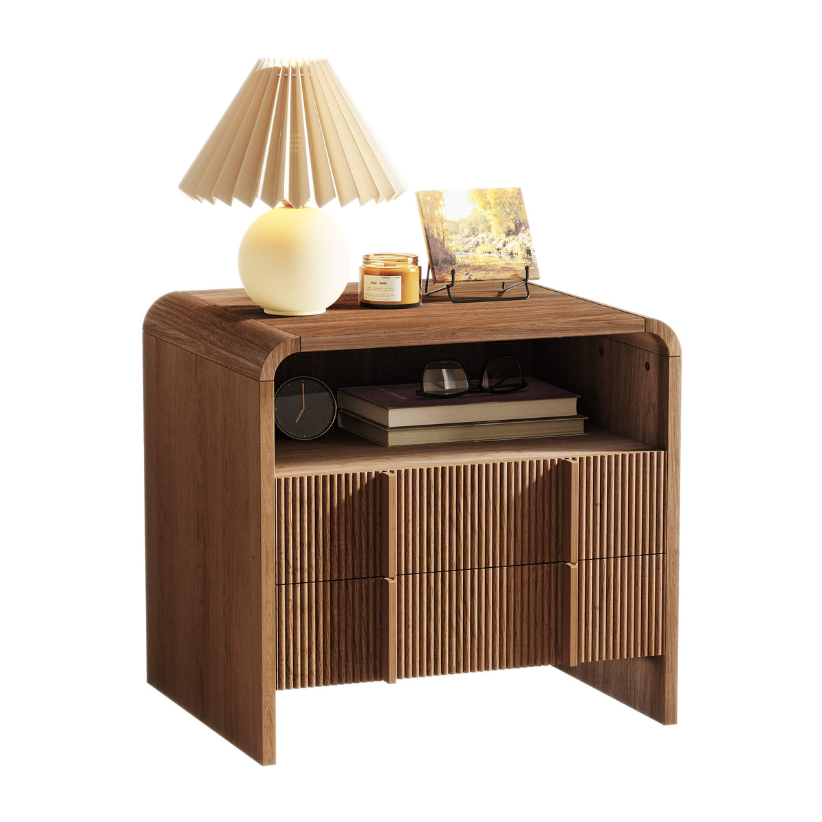 Fynora Fluted Nightstand with Drawers - Walnut