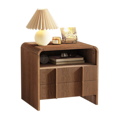 Fynora Fluted Nightstand with Drawers - Walnut