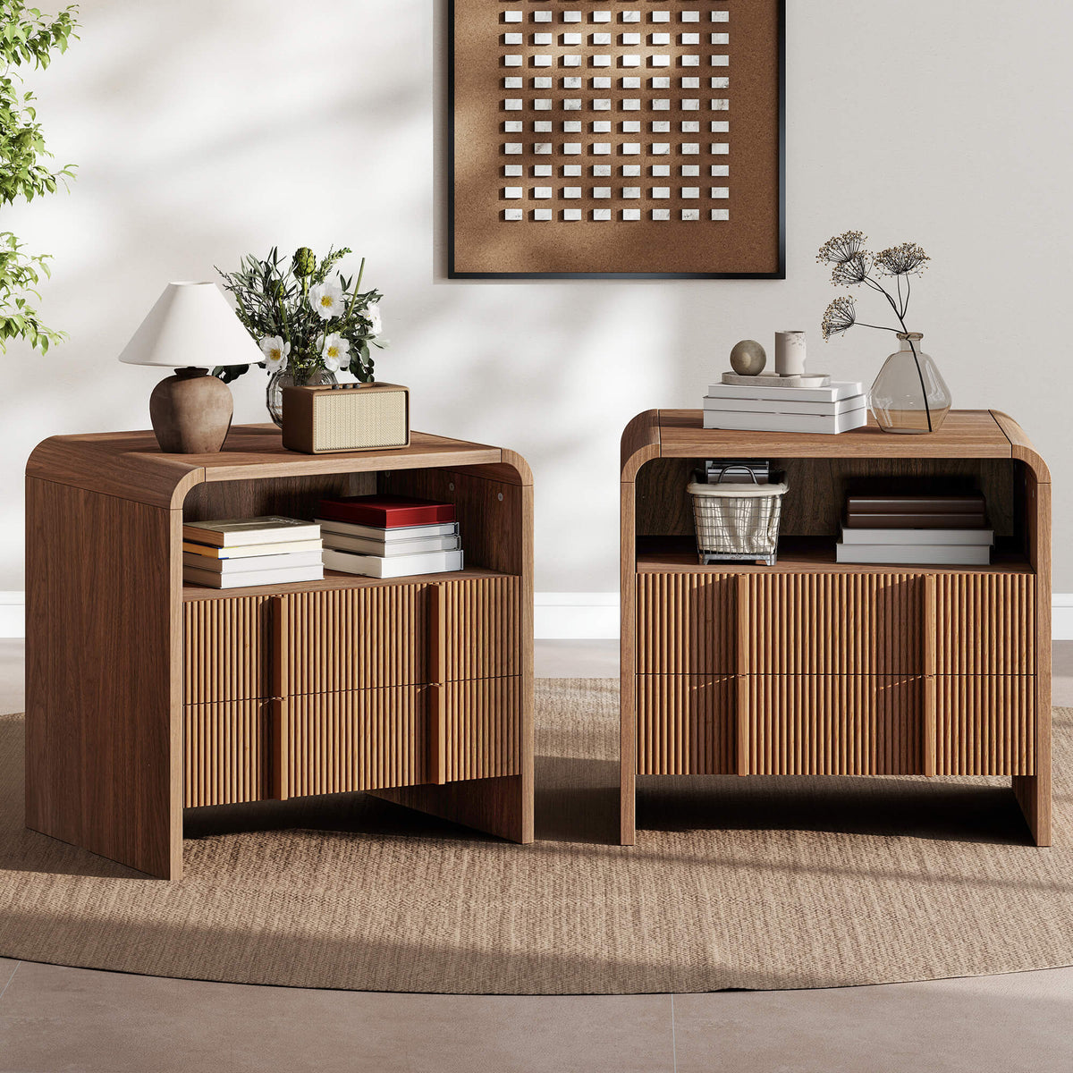 Fynora Fluted Nightstand with Drawers - Walnut2