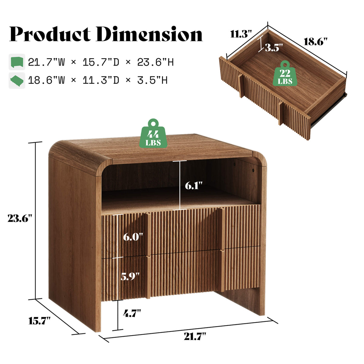Fynora Fluted Nightstand with Drawers - Walnut2