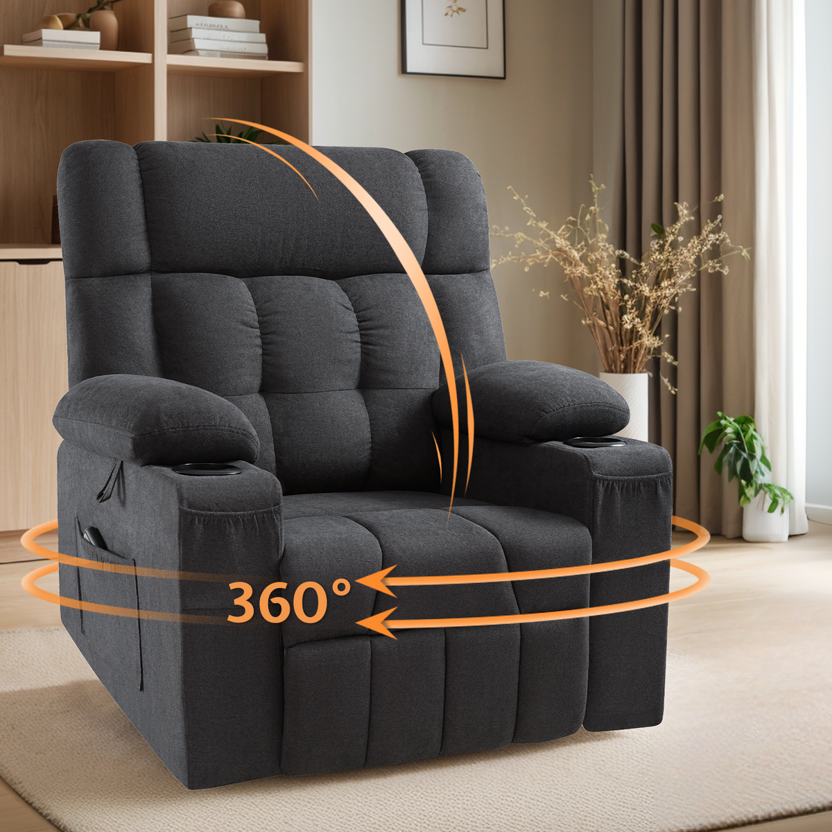 Elva Swivel Rocker Recliner Chairs - Dark Grey