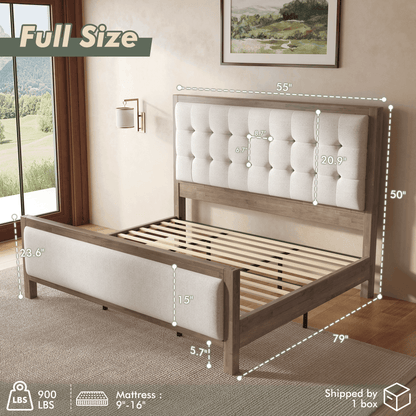 Heritage Mid-Century Solid Wood Upholstered Bed - F-GREY