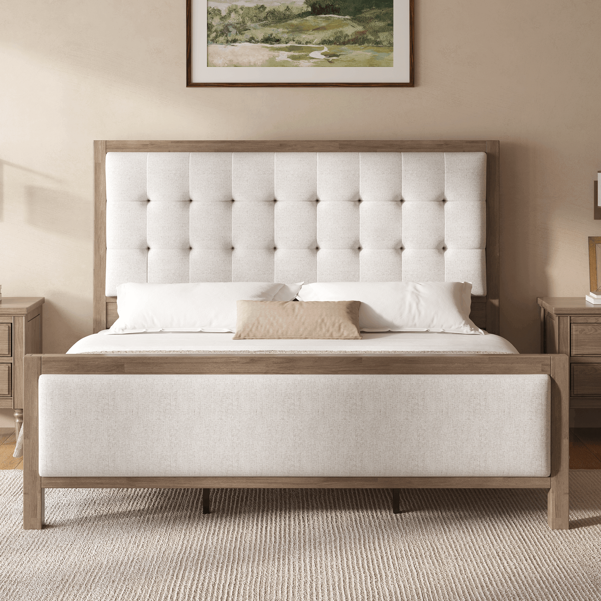 Heritage Mid-Century Solid Wood Upholstered Bed - K-GREY