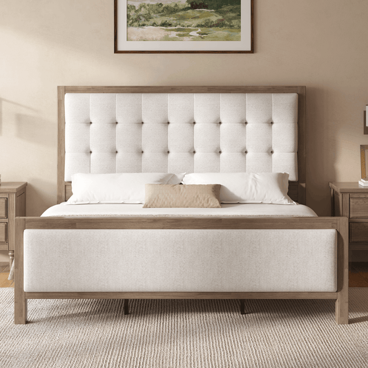 Heritage Mid-Century Solid Wood Upholstered Bed - K-GREY