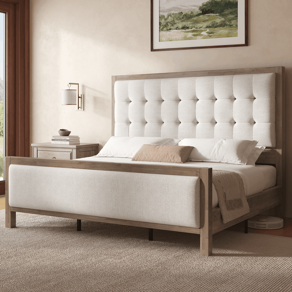 Heritage Mid-Century Solid Wood Upholstered Bed - K-GREY