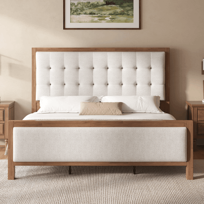 Heritage Mid-Century Solid Wood Upholstered Bed - F-WALNUT