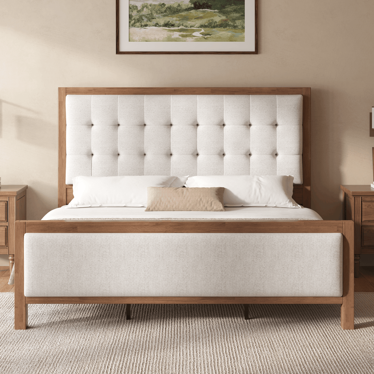 Heritage Mid-Century Solid Wood Upholstered Bed - K-WALNUT