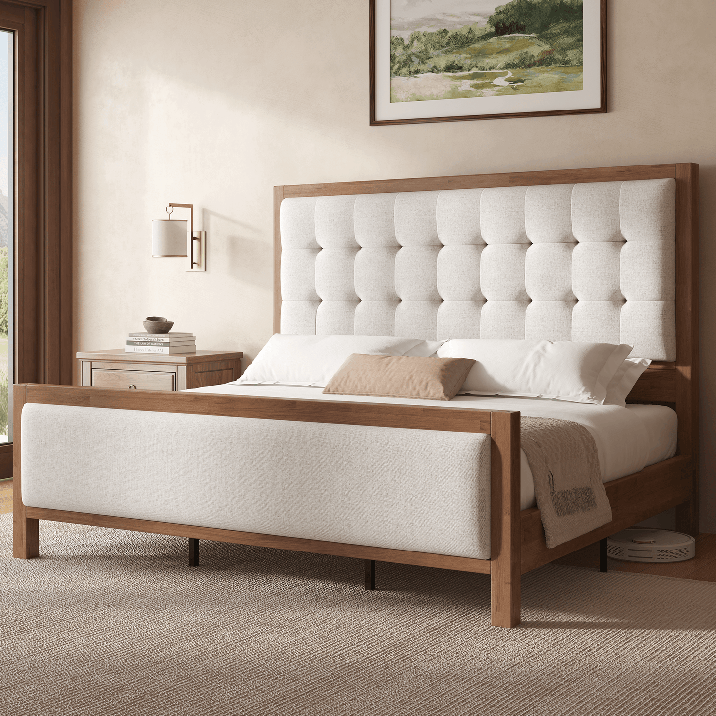 Heritage Mid-Century Solid Wood Upholstered Bed - Q-WALNUT
