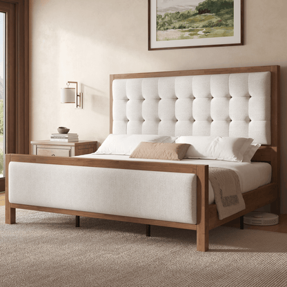Heritage Mid-Century Solid Wood Upholstered Bed - Q-WALNUT