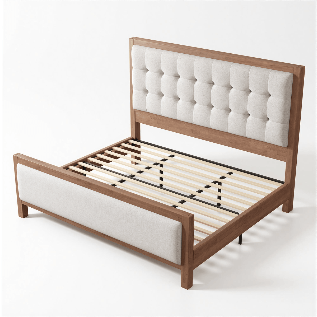 Heritage Mid-Century Solid Wood Upholstered Bed - Q-WALNUT