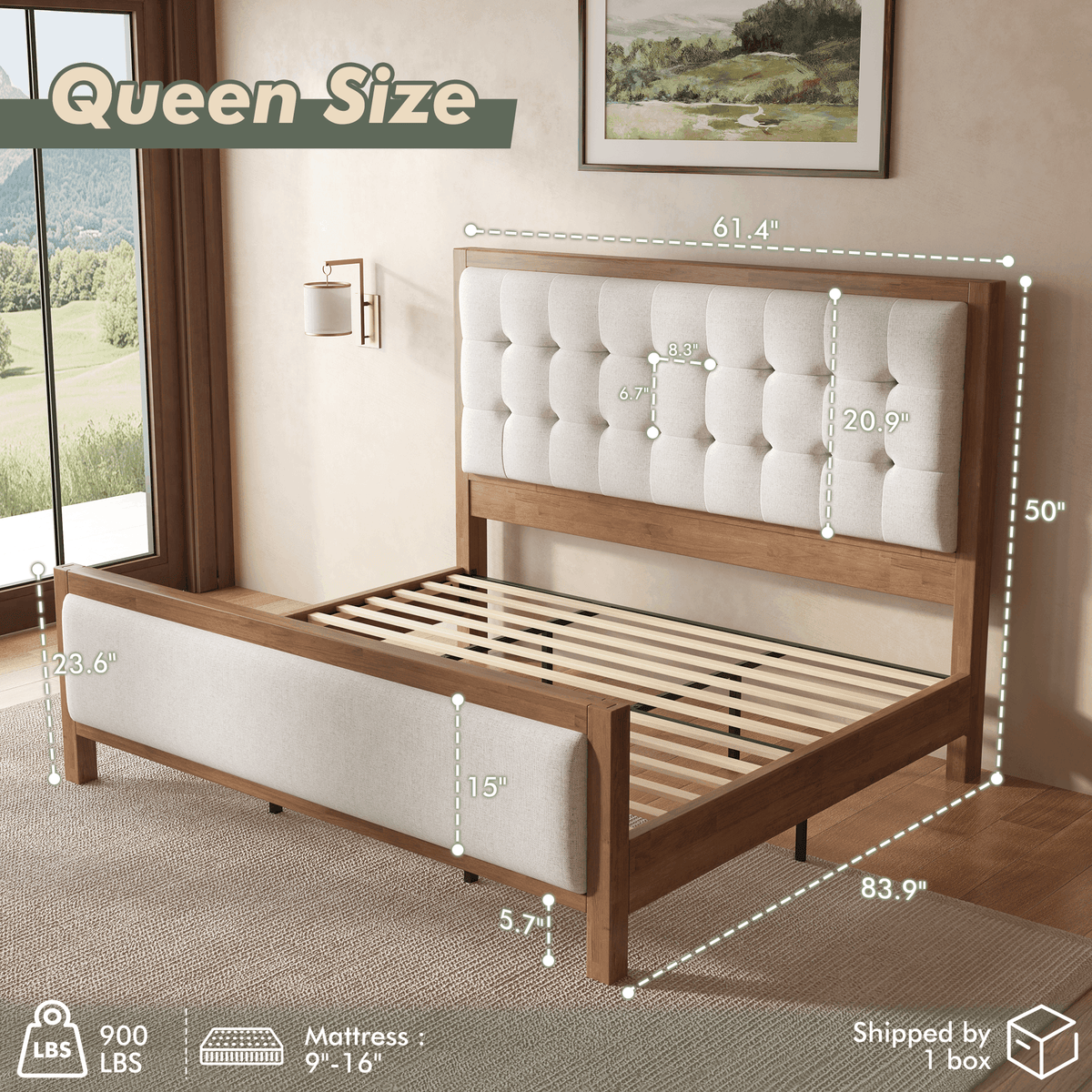 Heritage Mid-Century Solid Wood Upholstered Bed - Q-WALNUT