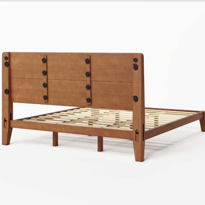 Japanese Joinery Solid Wood King Bed Frame-Full-Brown Walnut