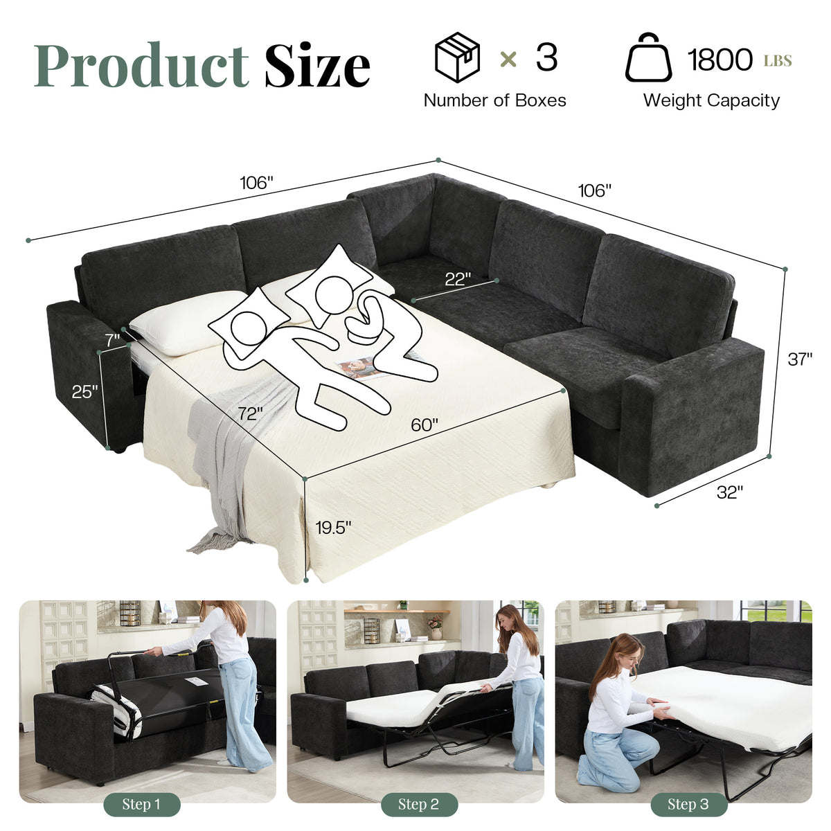 Luxe Convertible Sleeper Sectional Gray