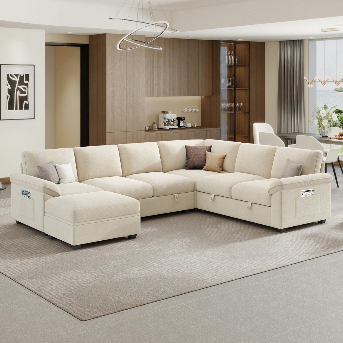 Sleeper Sectional Sofa with Pull Out Bed & Storage-105" | 7-Seater | Fixed backrest-Beige