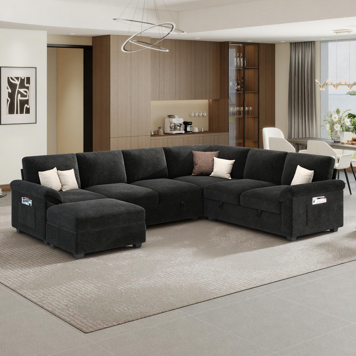 Sleeper Sectional Sofa with Pull Out Bed & Storage-105" | 7-Seater-Black