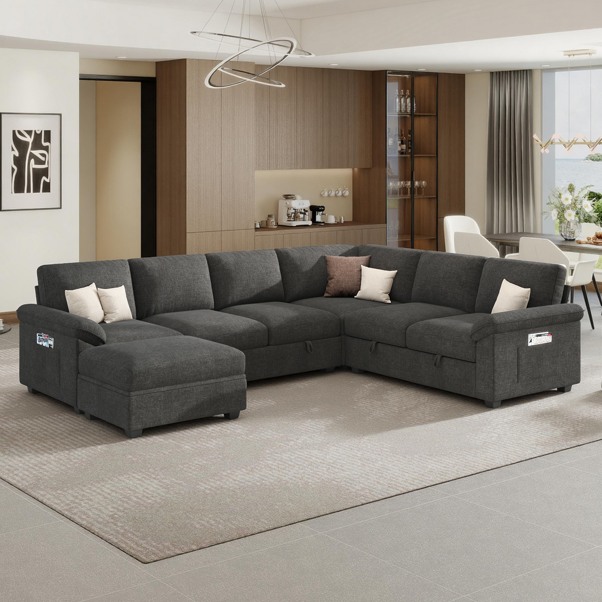 Sleeper Sectional Sofa with Pull Out Bed & Storage-105" | 7-Seater-Gray