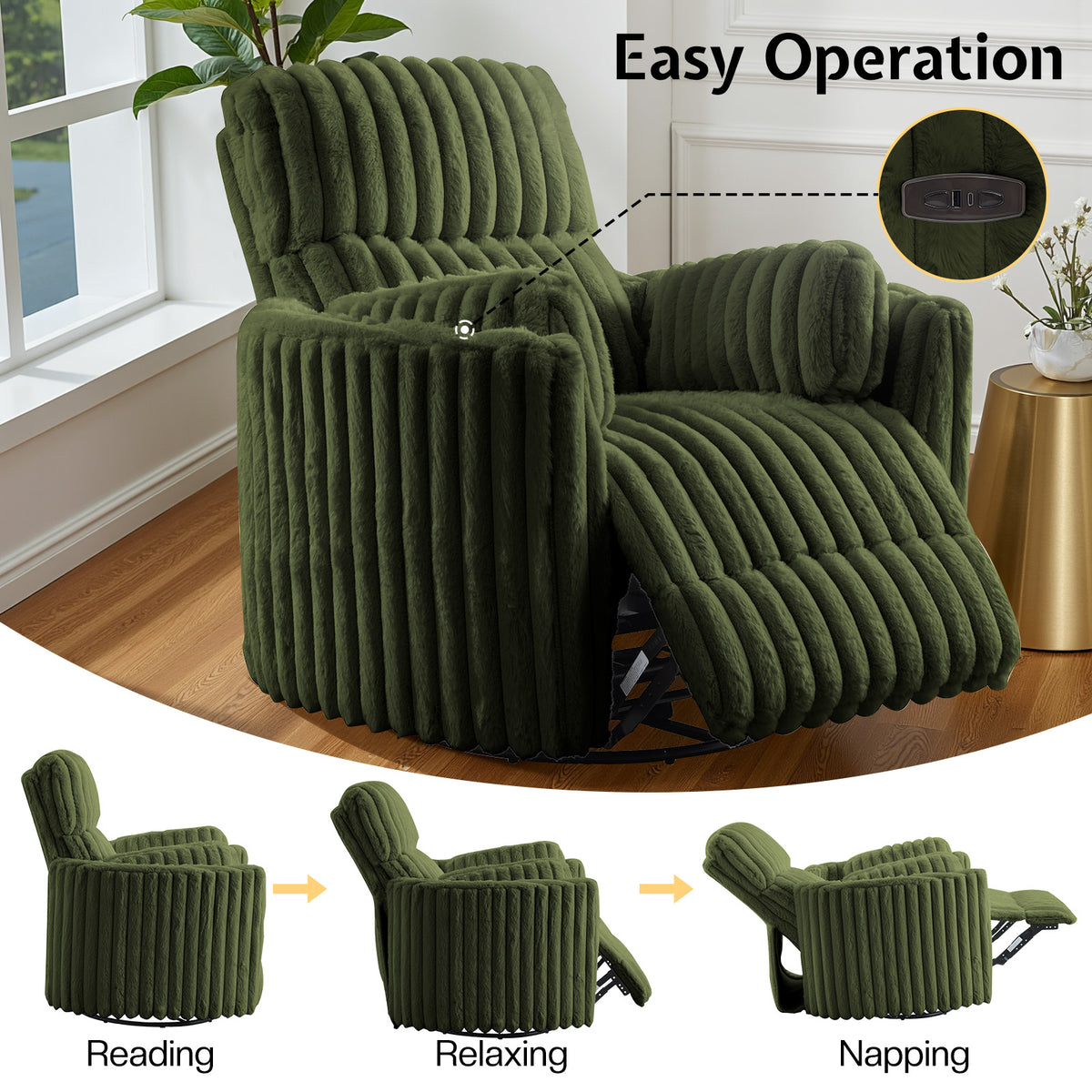 Foss Power Recliner Chair Amerlife-Corduroy Green