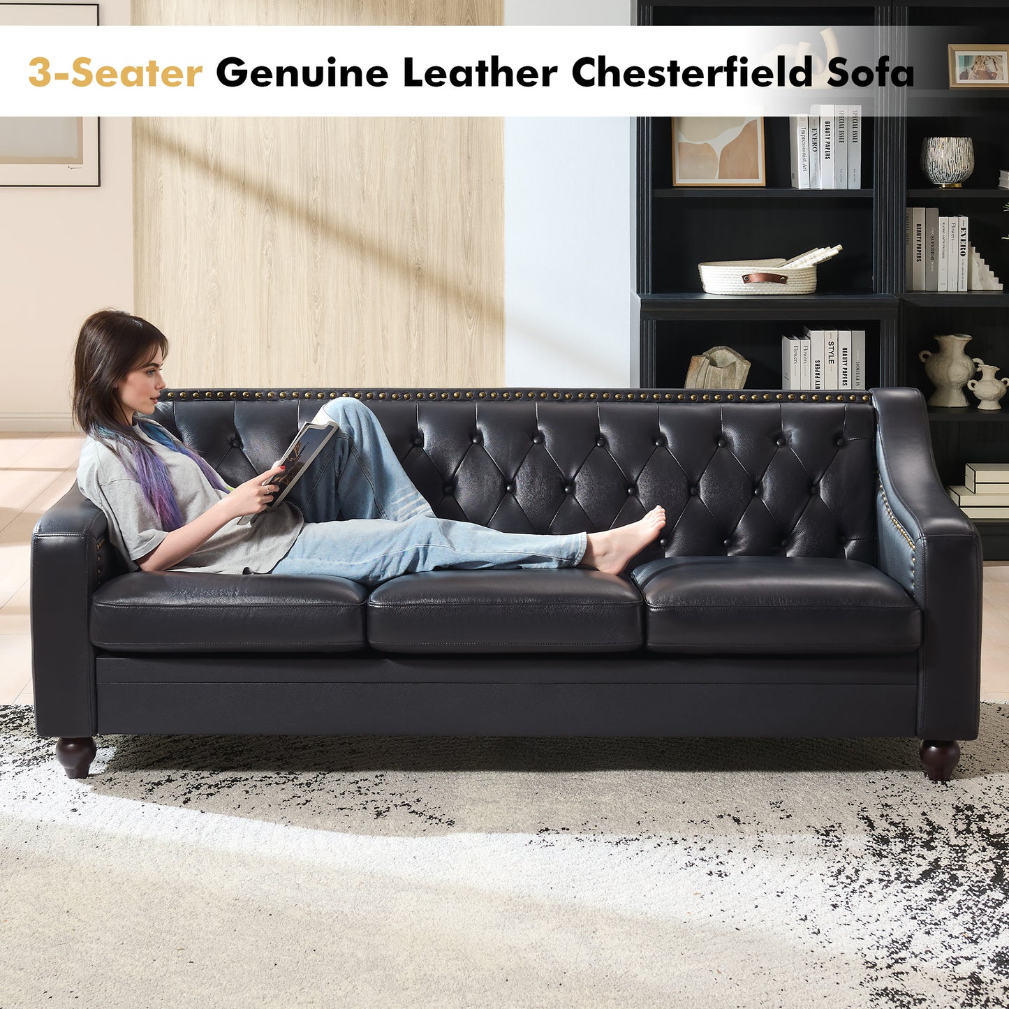 Restive Genuine Leather Chesterfield Sofa Black