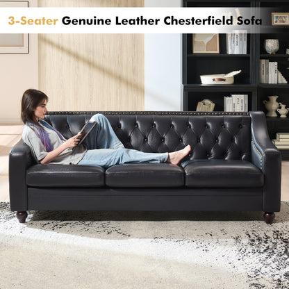 Restive Genuine Leather Chesterfield Sofa Black