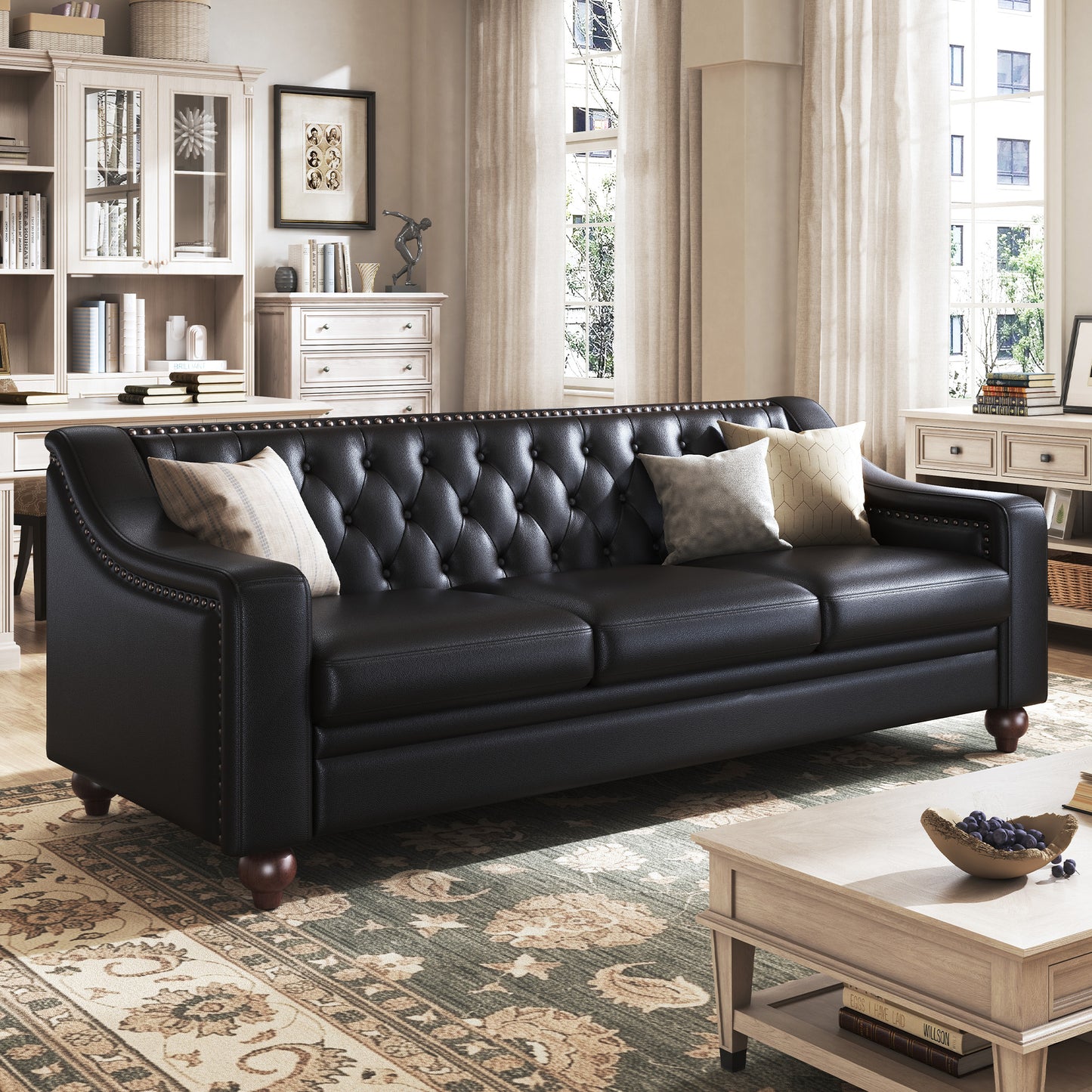 Restive Genuine Leather Chesterfield Sofa Black