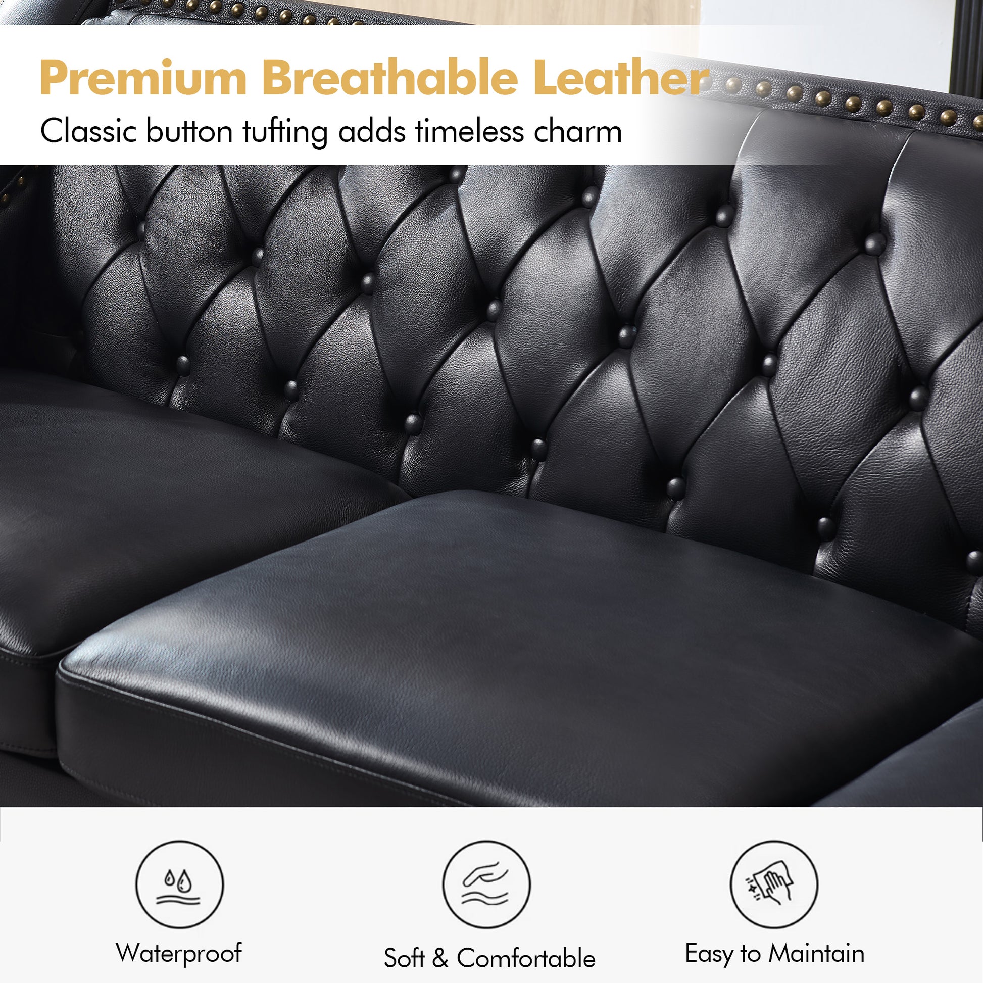 Restive Genuine Leather Chesterfield Sofa Black