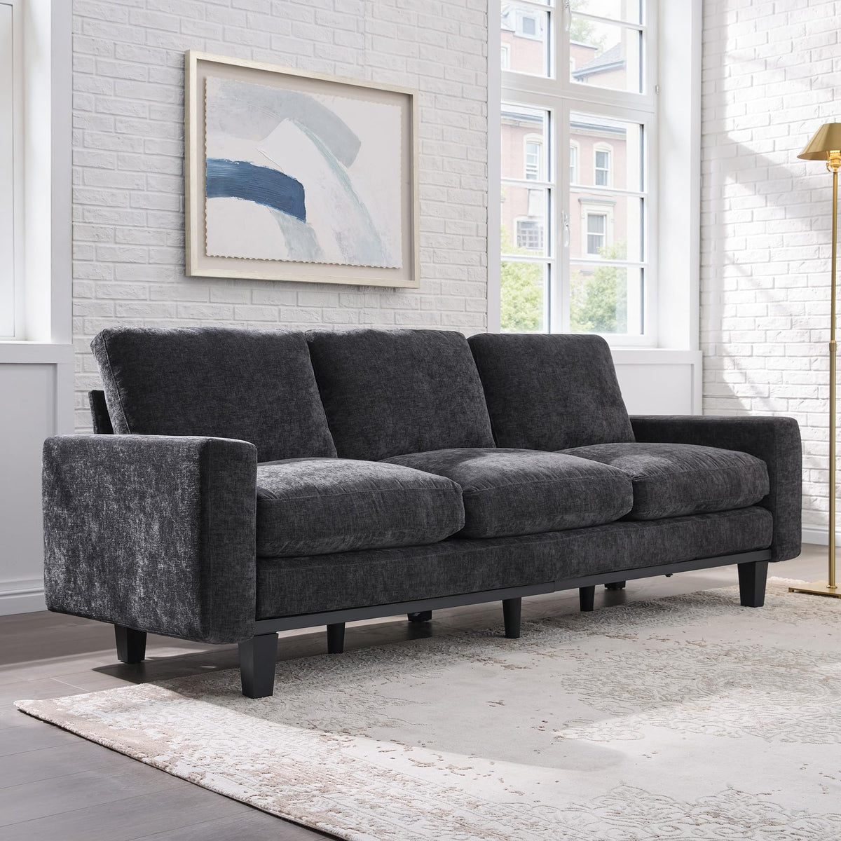 Rigid Modern 3-Seater Deep Seat Sofa Chenille Gray