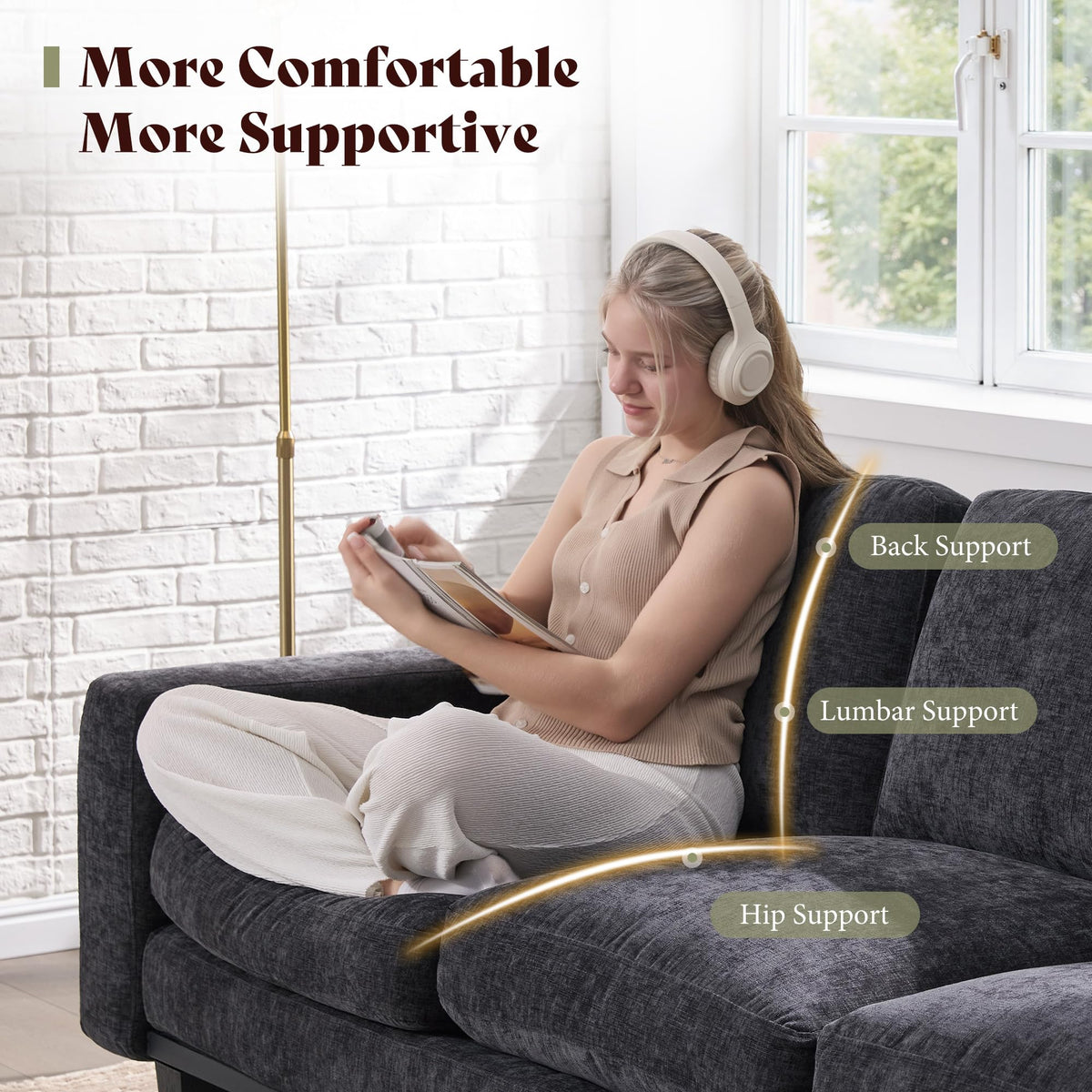 Rigid Modern 3-Seater Deep Seat Sofa Chenille Gray
