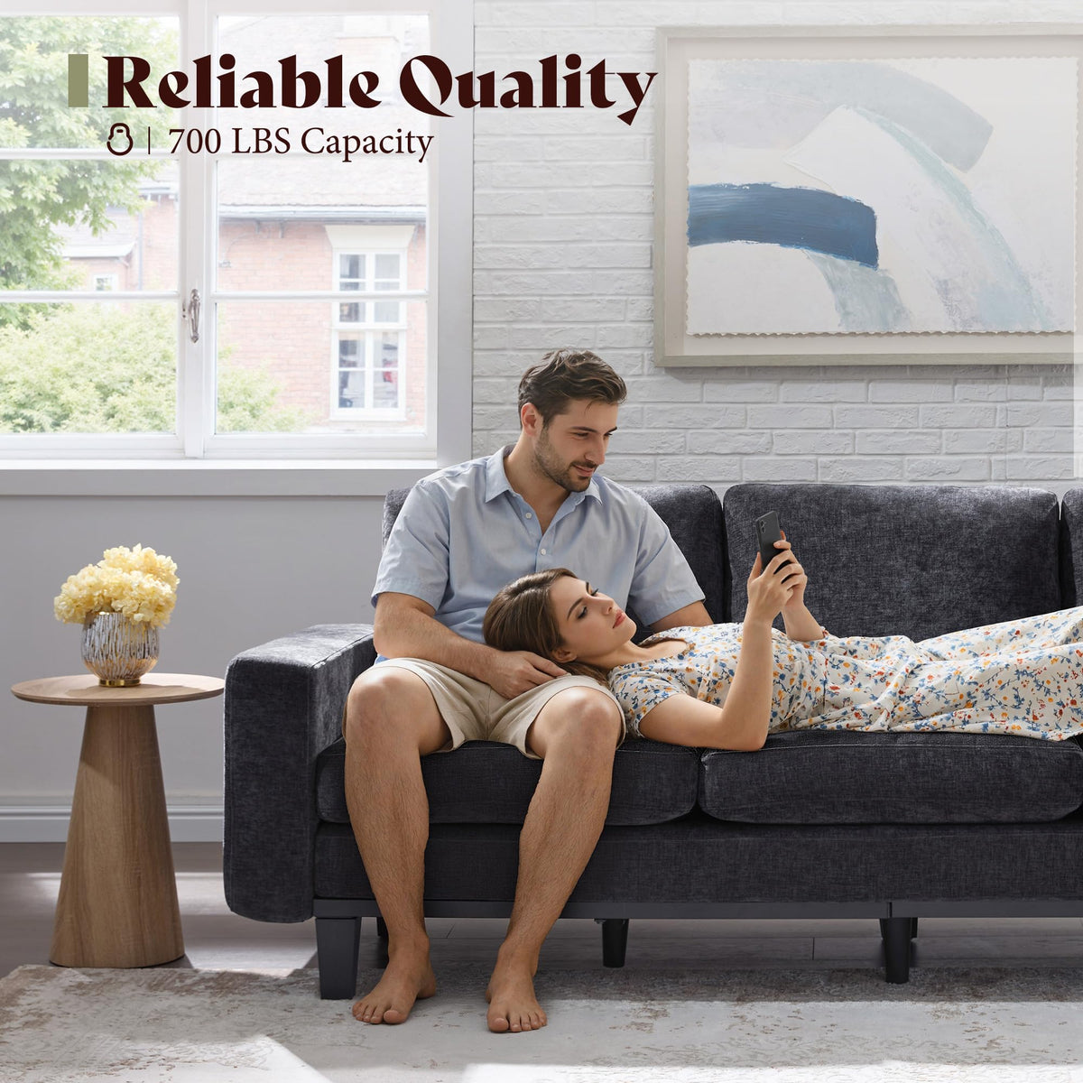 Rigid Modern 3-Seater Deep Seat Sofa Chenille Gray