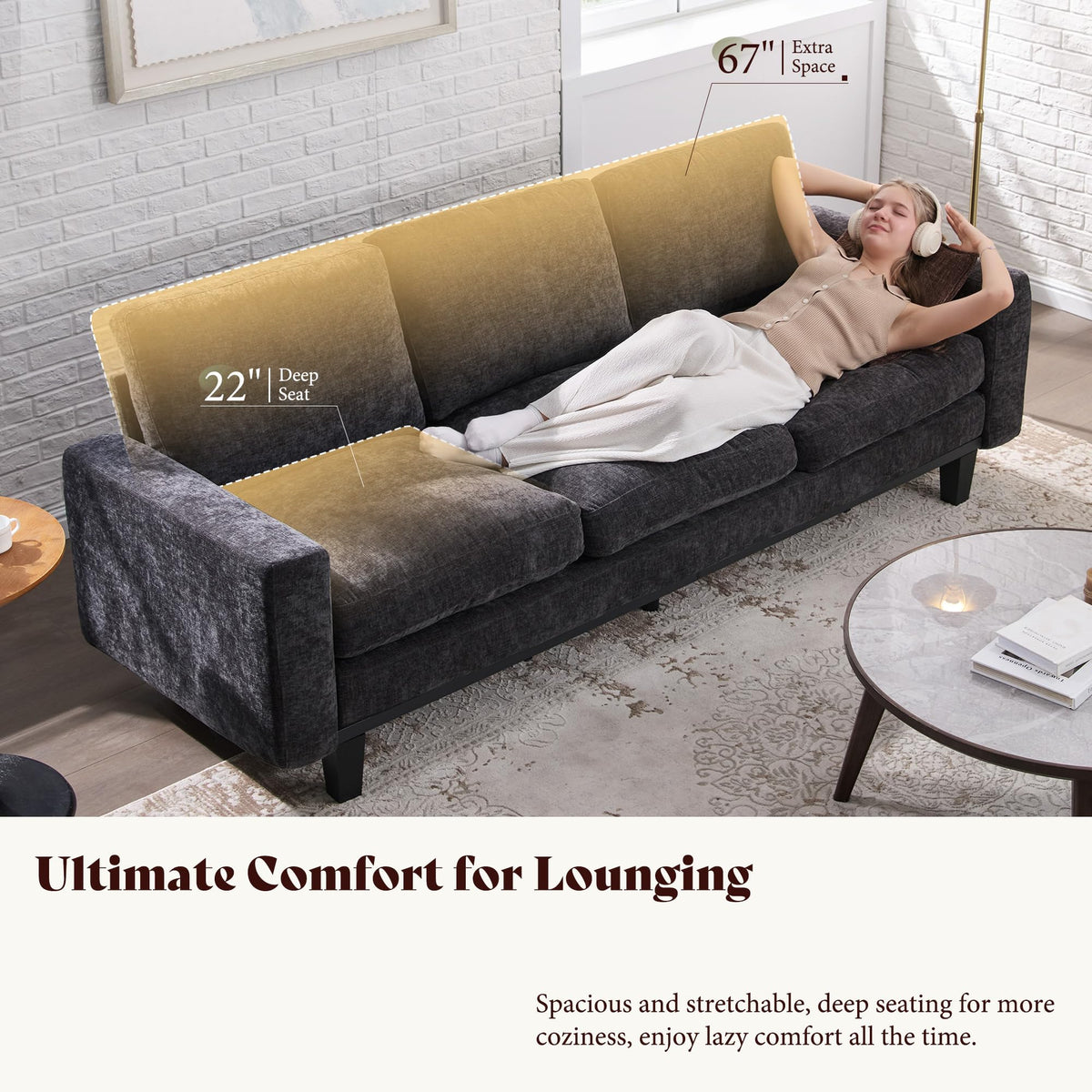 Rigid Modern 3-Seater Deep Seat Sofa Chenille Gray