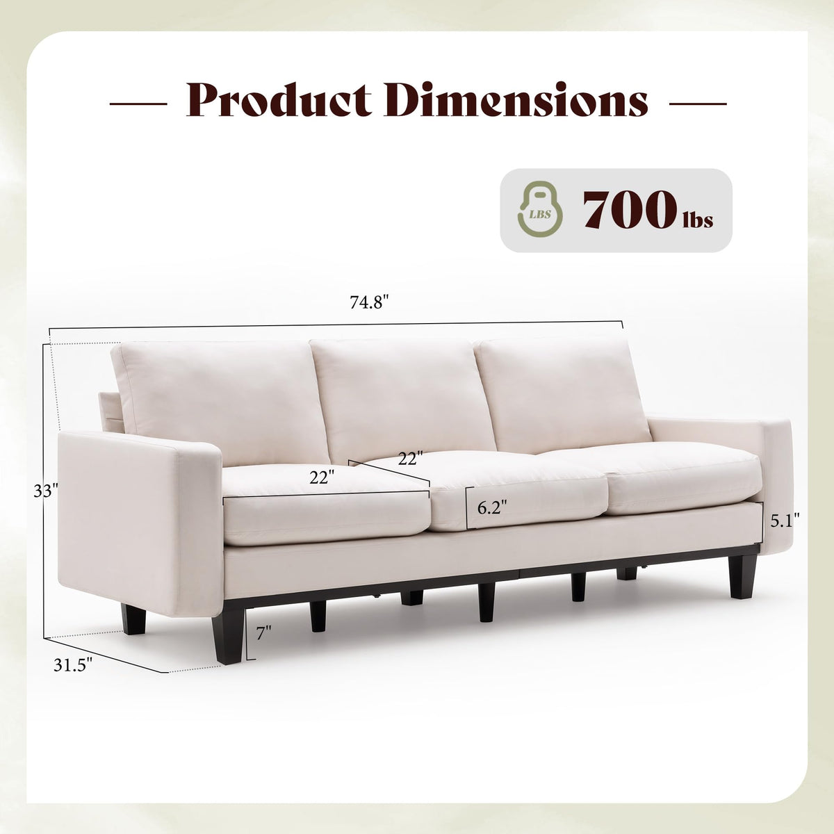 Rigid Modern 3-Seater Deep Seat Sofa Linen White