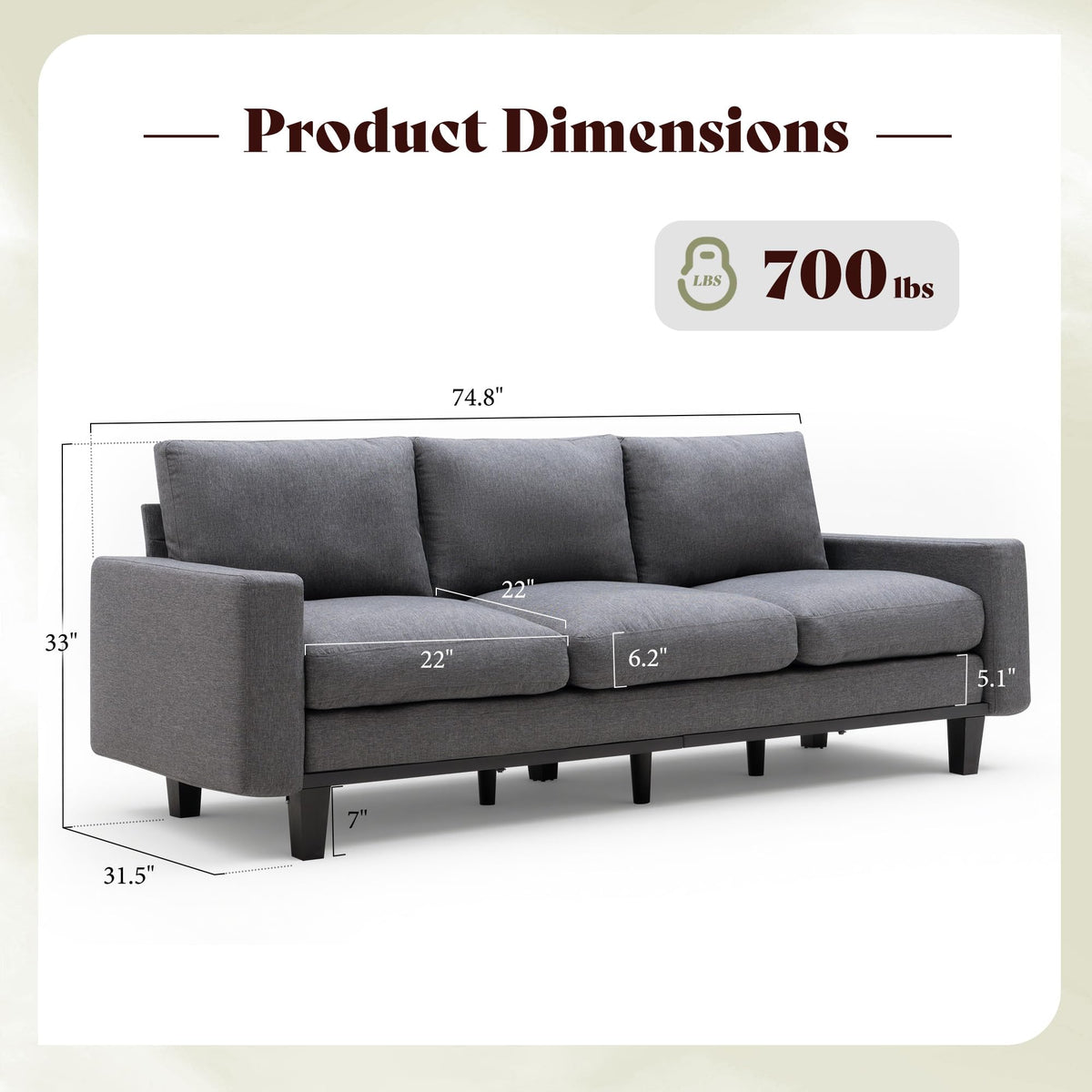 Rigid Modern 3-Seater Deep Seat Sofa Linen Gray