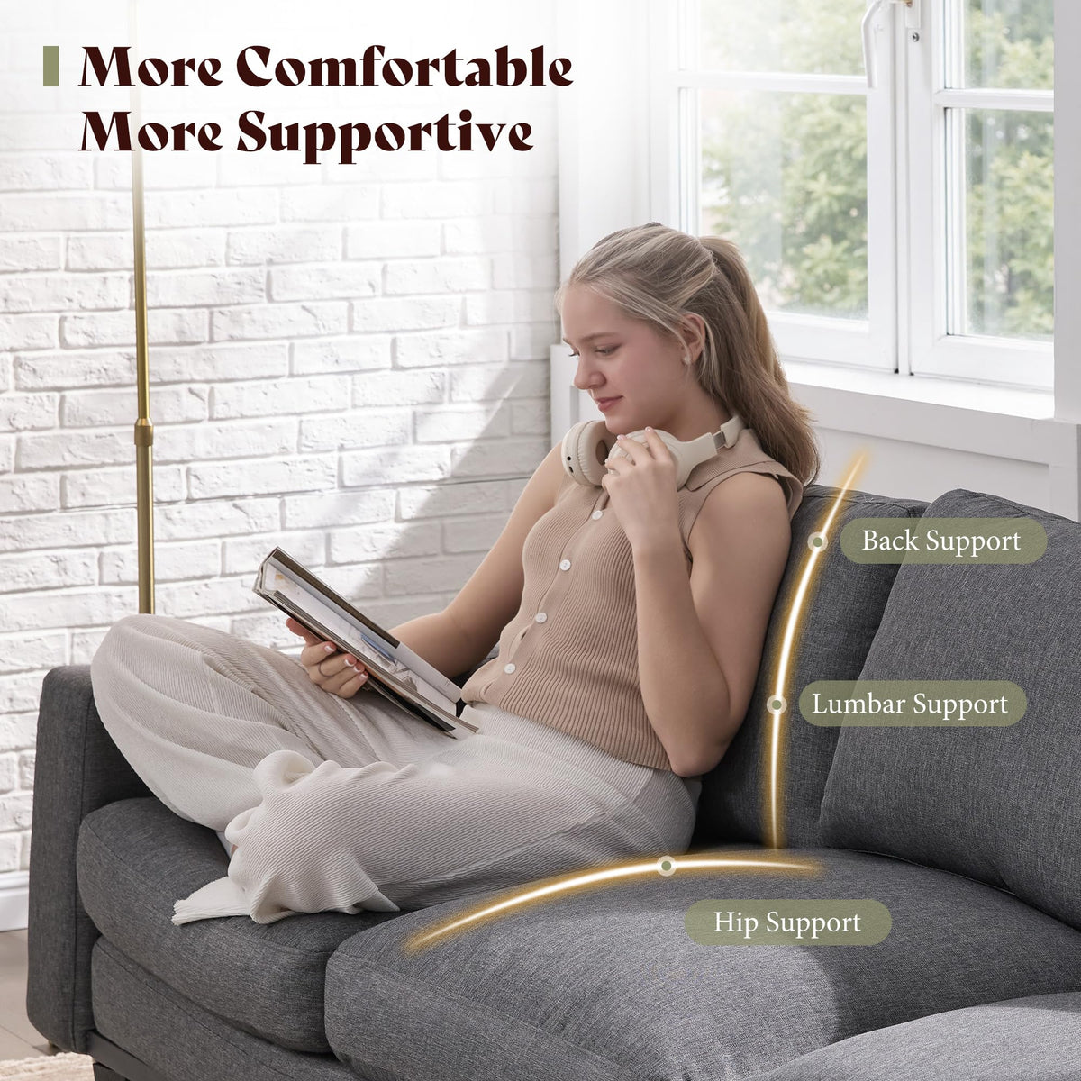 Rigid Modern 3-Seater Deep Seat Sofa Linen Gray