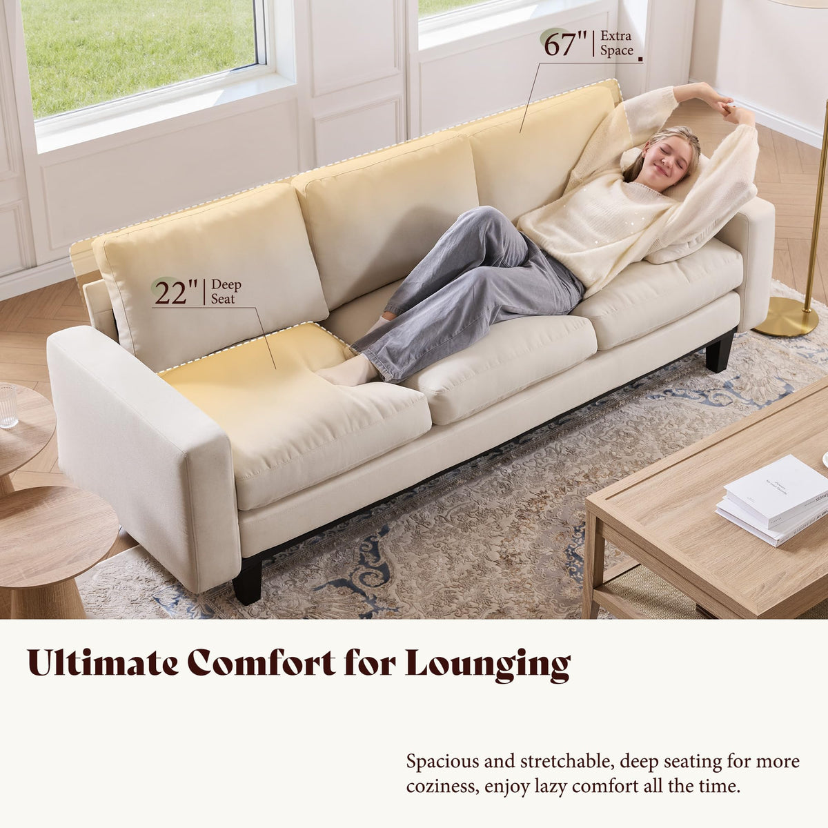 Rigid Modern 3-Seater Deep Seat Sofa Linen White