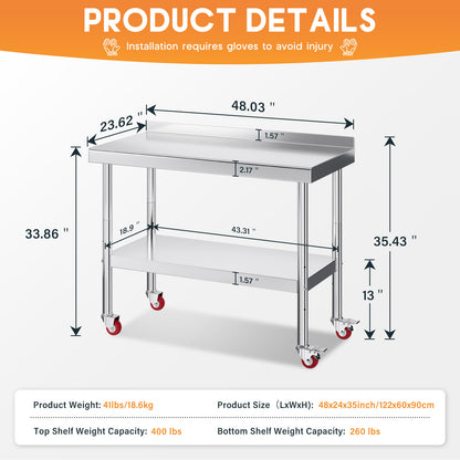 Stainless Steel Prep Table Amerlife 24x48inch / Rear Panel Style