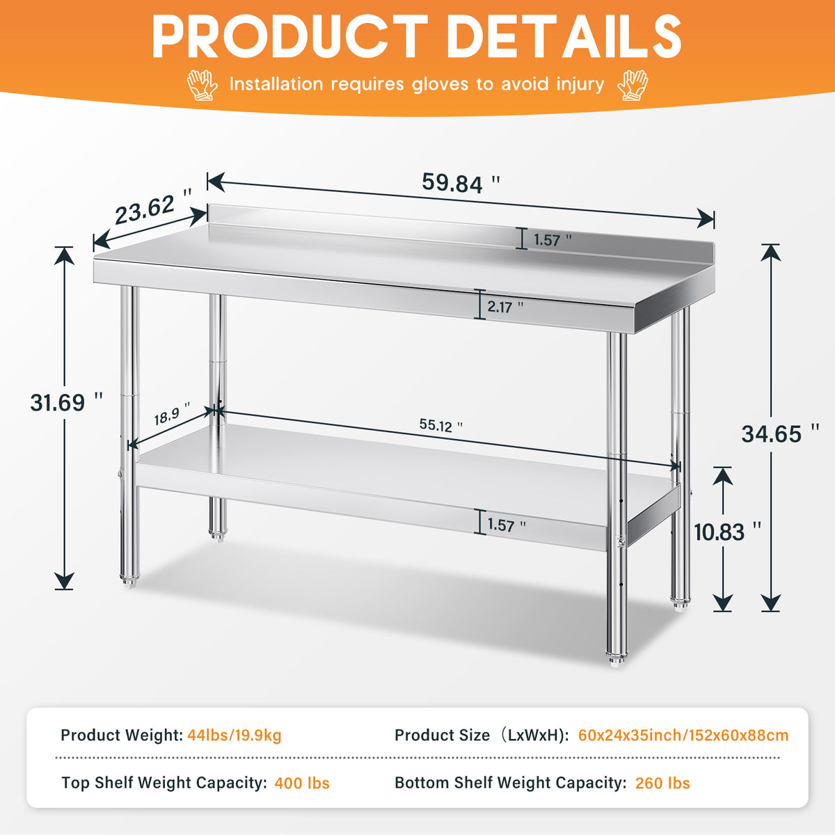 Stainless Steel Prep Table Amerlife 24x60inch / Rear Panel Style
