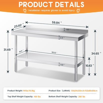 Stainless Steel Prep Table Amerlife 24x60inch / Rear Panel Style