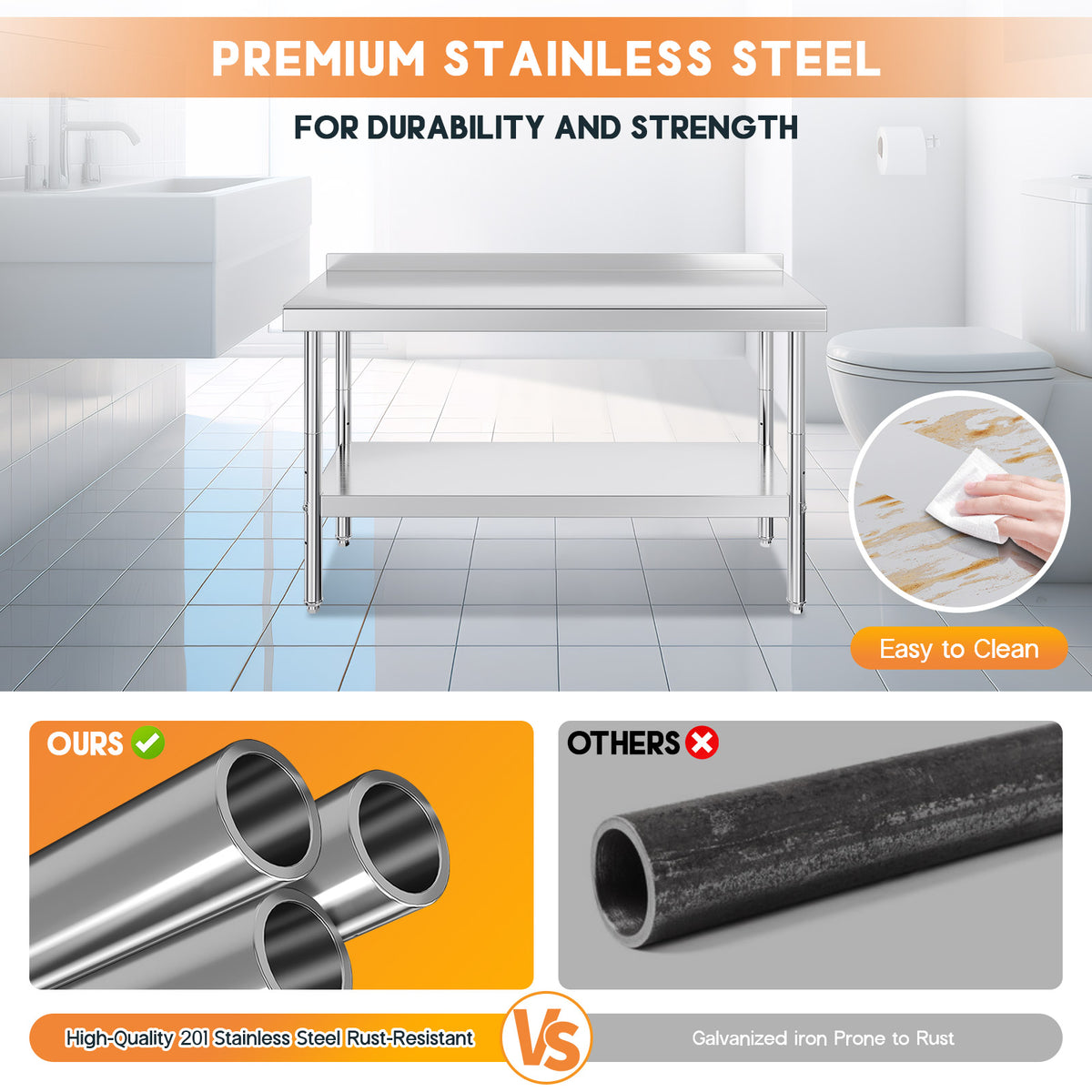 Stainless Steel Prep Table Amerlife 24x60inch / Rear Panel Style