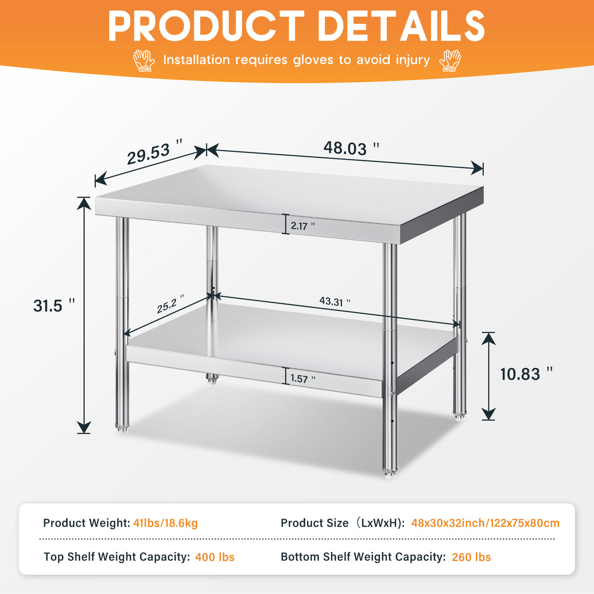 Stainless Steel Prep Table Amerlife 30x48inch / Standard Right-Angle Style