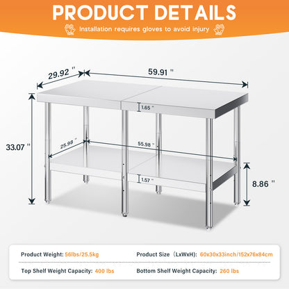 Stainless Steel Prep Table Amerlife 30x60inch / Standard Right-Angle Style