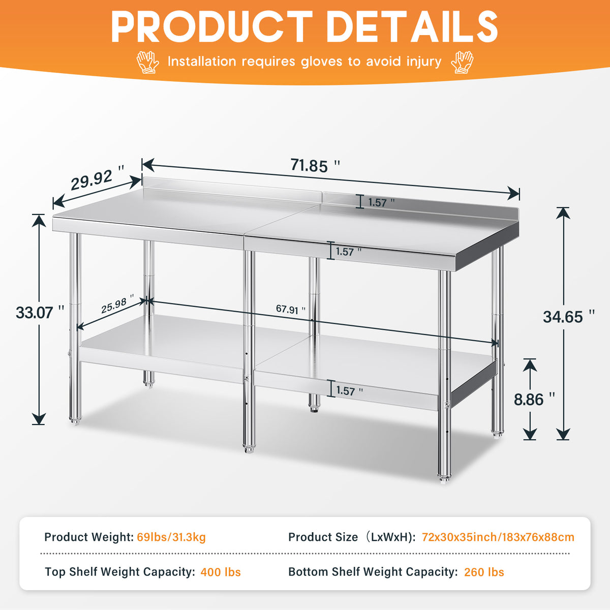 Stainless Steel Prep Table Amerlife 30x72inch / Rear Panel Style