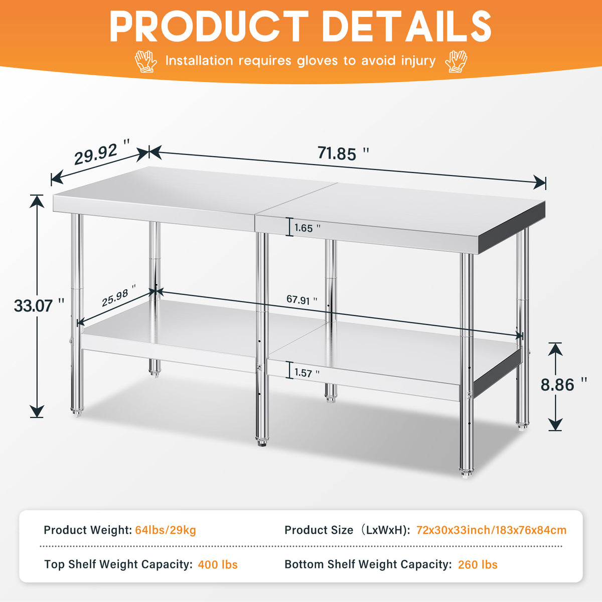 Stainless Steel Prep Table Amerlife 30x72inch / Standard Right-Angle Style