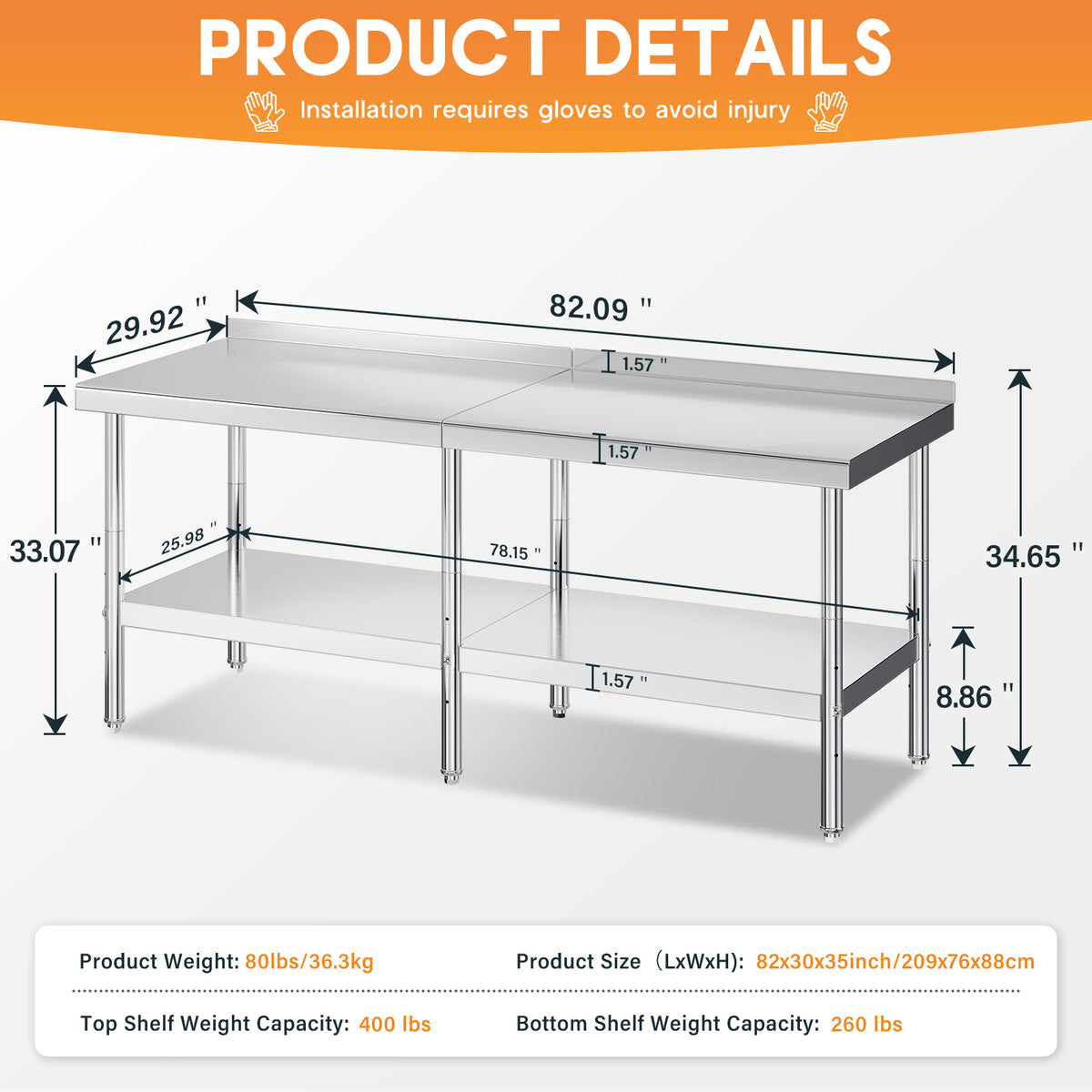 Stainless Steel Prep Table Amerlife 30x82inch / Rear Panel Style