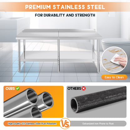 Stainless Steel Prep Table Amerlife 30x82inch / Rear Panel Style
