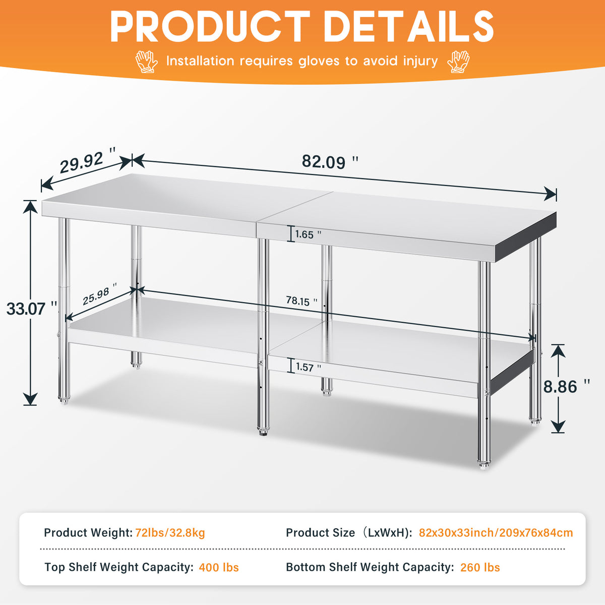 Stainless Steel Prep Table Amerlife 30x82inch / Standard Right-Angle Style