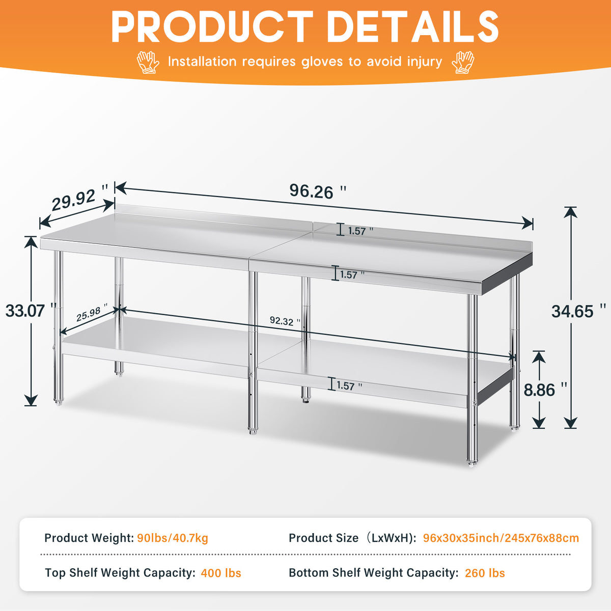 Stainless Steel Prep Table Amerlife 30x96inch / Rear Panel Style