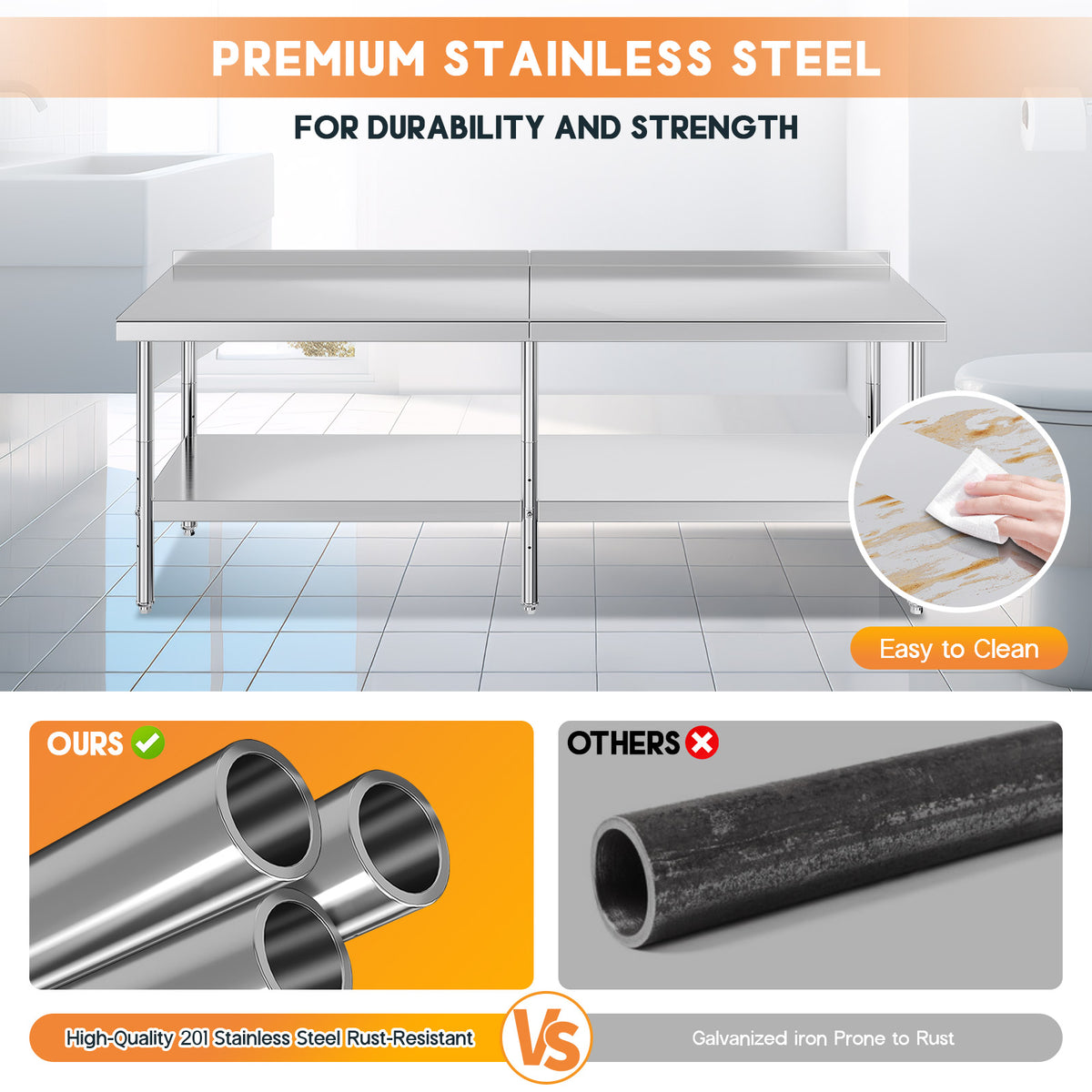 Stainless Steel Prep Table Amerlife 30x96inch / Rear Panel Style