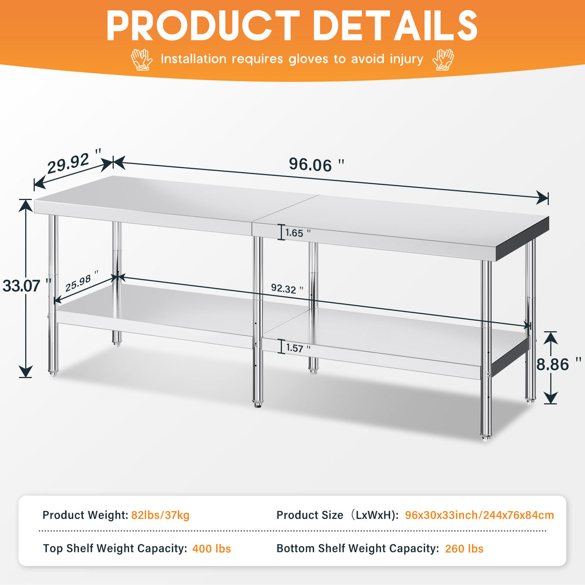 Stainless Steel Prep Table Amerlife 30x96inch / Standard Right-Angle Style