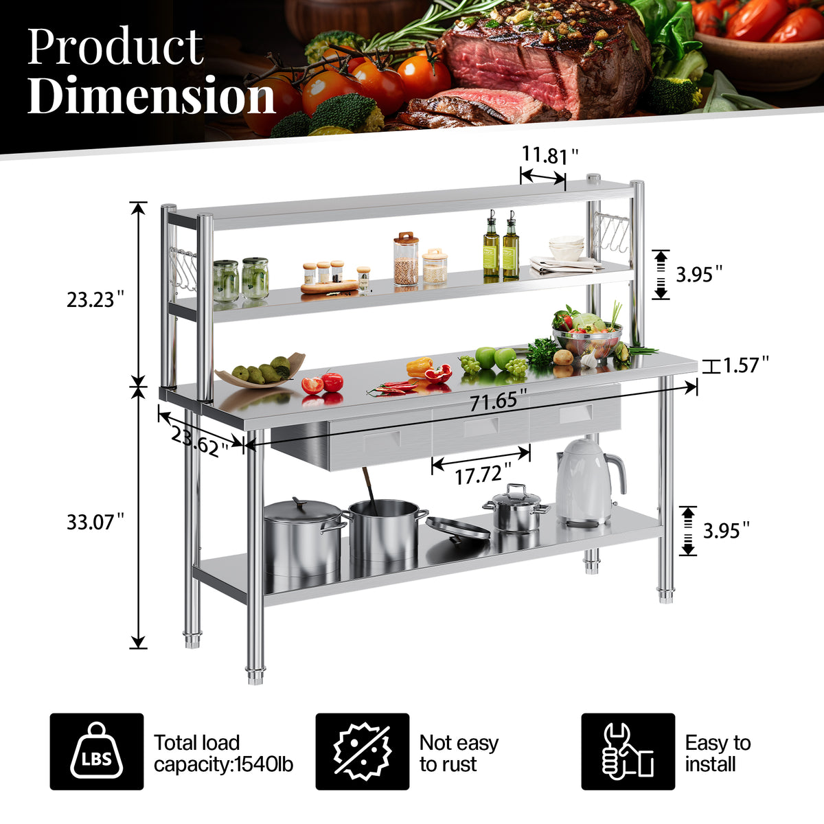 Stainless Steel Work Table with Overshelves Amerlife 24x72inch