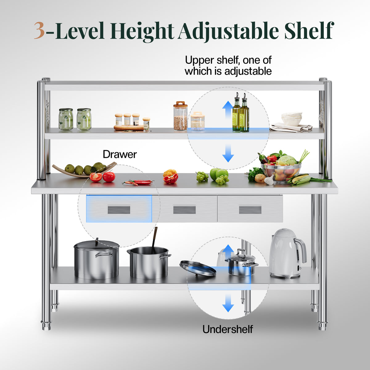 Stainless Steel Work Table with Overshelves Amerlife 24x72inch