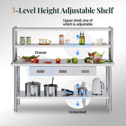Stainless Steel Work Table with Overshelves Amerlife 24x72inch